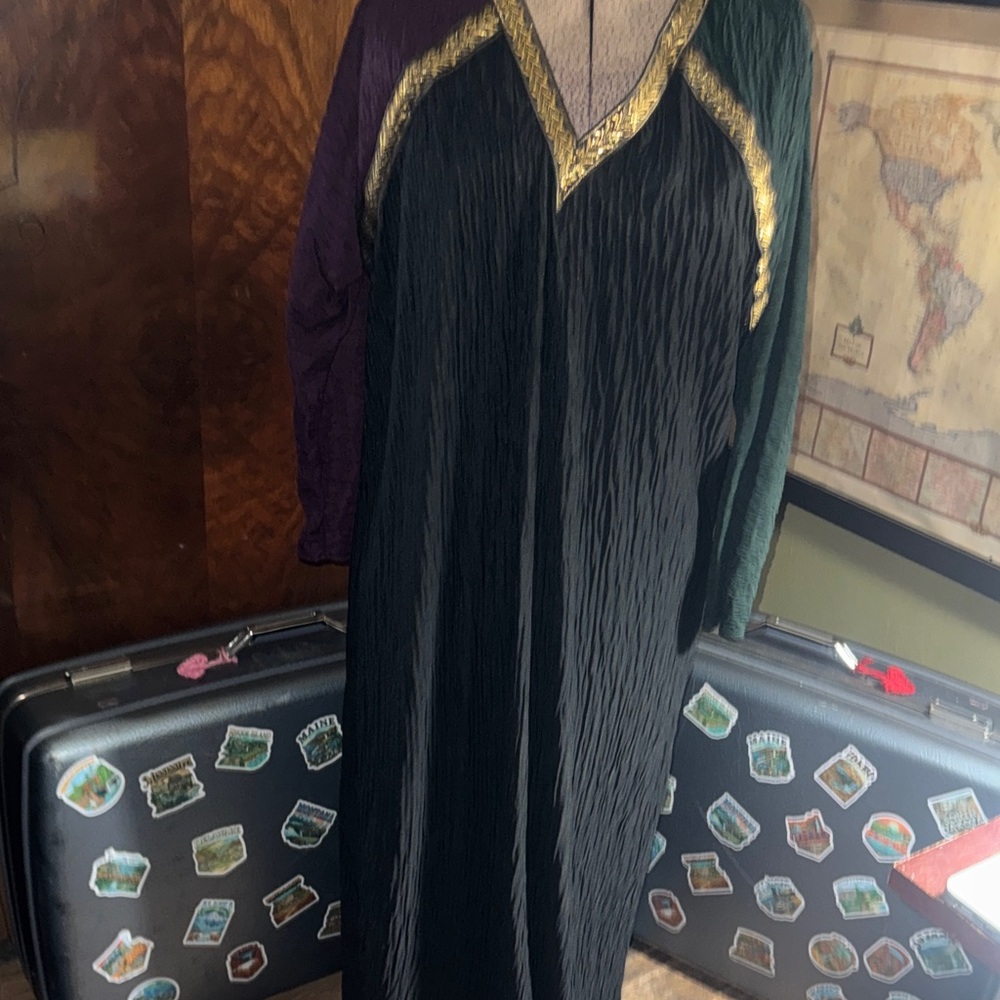 Vintage Avon Festive Colorblock Caftan Dress S/M - Purple Green Black Gold Trim